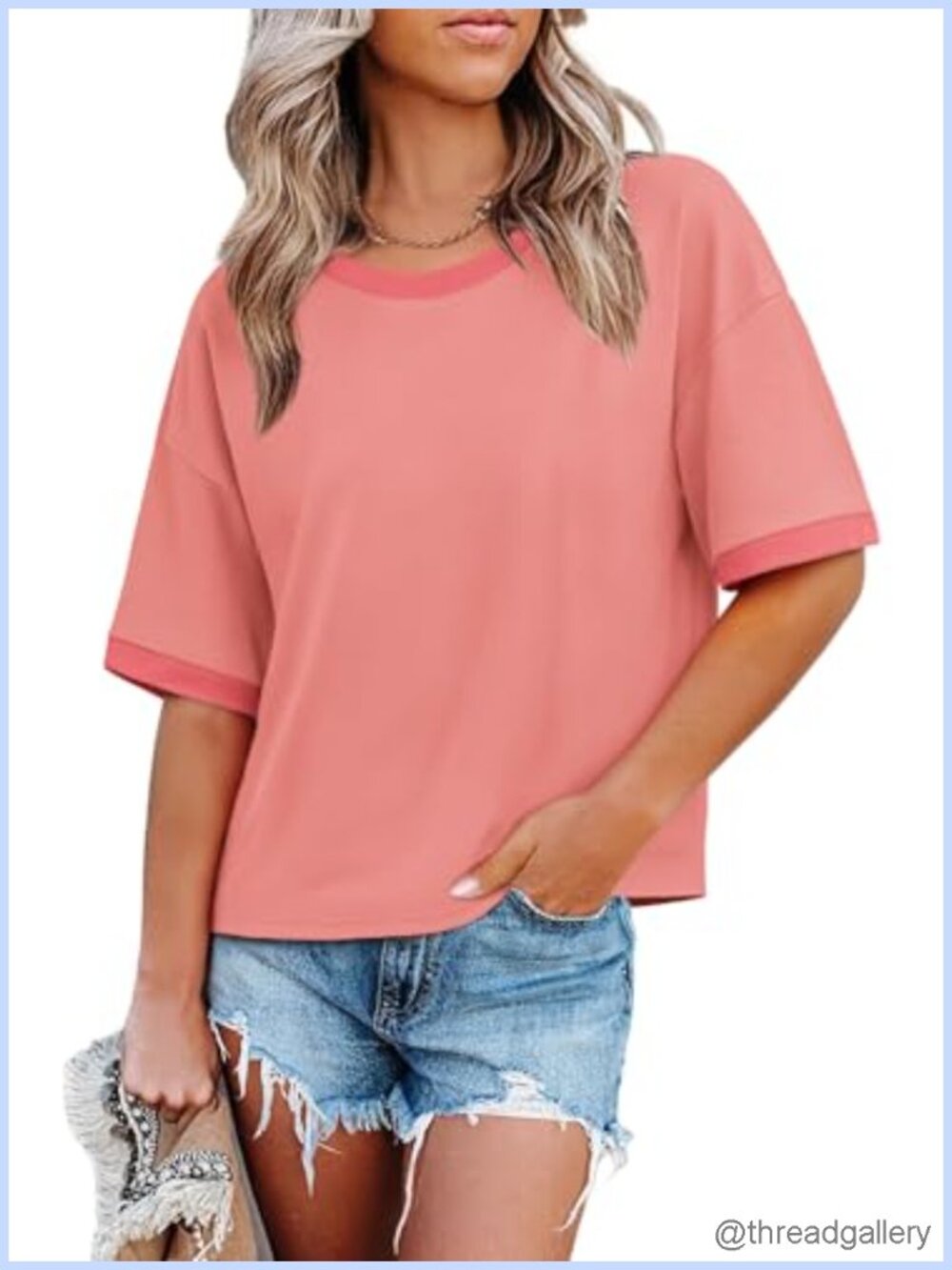 Womens Oversized Half Sleeve T-Shirt Loose Fit Color Block Summer Casual Top